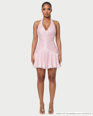 LITE Shimmer Ruched Halter Pleated Mini Dress