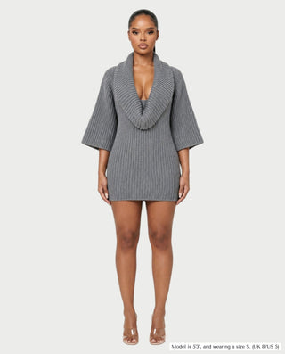 MERIDIAN Cowl Neck Wide Sleeve Ribbed Knit Mini Dress