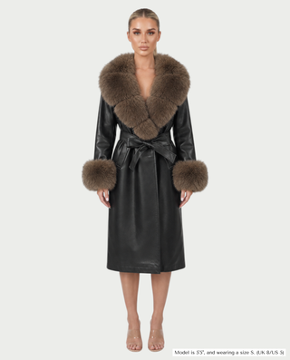 ZAMICA Faux Leather Faux Fur Collar Belted Trench Coat