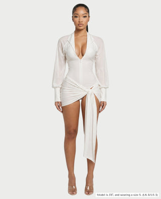 NARRI Deep V-Neck Ruched Draped Lace-Up Back Mini Dress