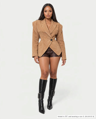 ORALINE Faux Suede Padded Shoulder Shawl Blazer Coat