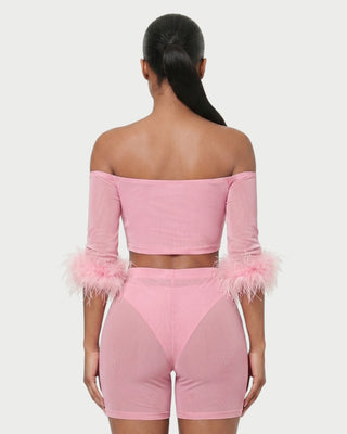 RAMIRA Faux Feather Trim Mesh Top & Shorts Set