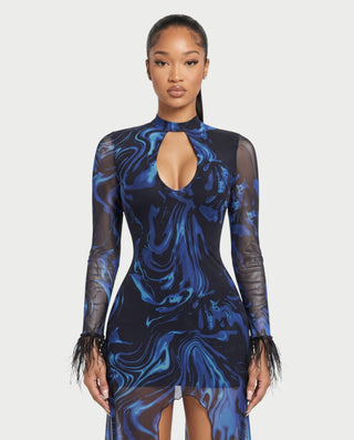 AVALIE Abstract Print Mesh Keyhole High-Low Maxi Dress