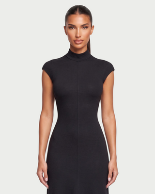 LERIE Mock Neck Cap Sleeve A-Line Midi Dress