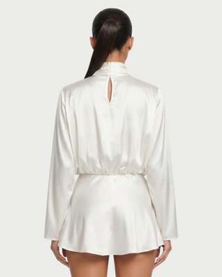 AZIEL Draped Scarf Neck Long Sleeve Mini Dress