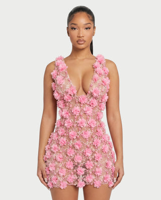 CLARINA Floral Beaded Mesh Bodycon Mini Dress