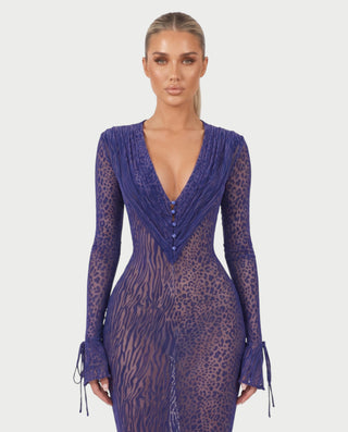Vestido largo de malla de leopardo con escote en V drapeado de NALYA