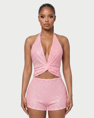 ELISSA Sequin Twist-Front Halter Top & Shorts Set