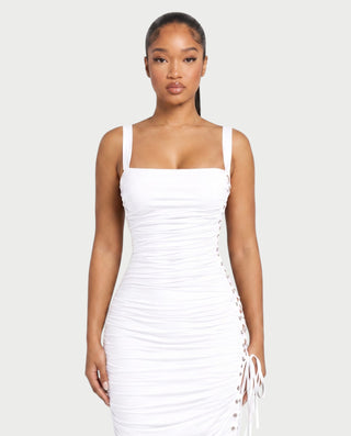 ARMALIA Ruched Lace-Up Side Bodycon Midi Dress