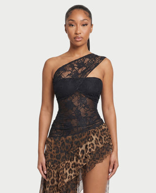 AZZY Leopard Print Ruffle Skirt One-Shoulder Lace Maxi Dress