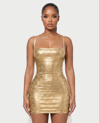 ZAKIYA Lace-Up Side Square-Neck Metallic Mini Dress