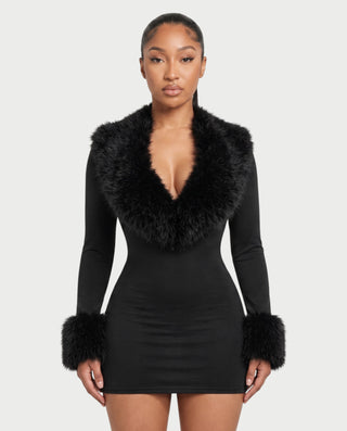 NANIA Faux Fur Trim Long Sleeve Bodycon Mini Dress