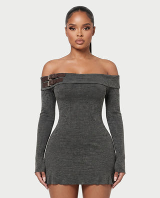 SUHANA Off-Shoulder Double Buckle Knit Mini Dress