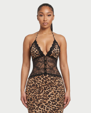 NAVYA Leopard Lace Panel Bodycon Maxi Dress