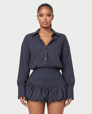 MILANA Striped Long Sleeve Shirt Top & Ruffle Mini Skirt Set