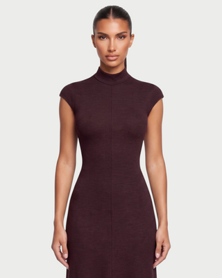 LERIE Mock Neck Cap Sleeve A-Line Midi Dress