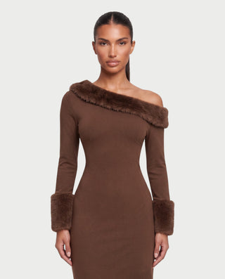 MAIRE Long Sleeve Faux Fur Cuff Fitted Maxi Dress