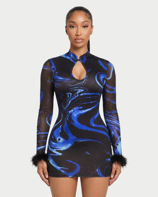 ANALIA Abstract Swirl Mesh Long Sleeve Bodycon Mini Dress