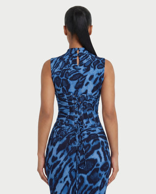 VENESIA Leopard Print Lace-Up Corset Maxi Dress