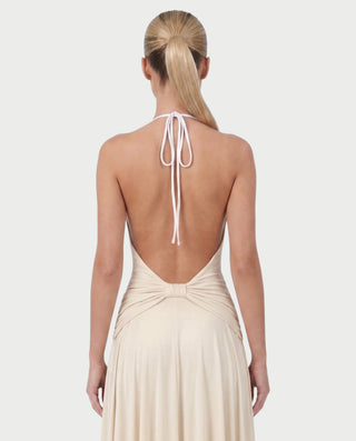 ZEINAB Draped Halter Open-Back Handkerchief Midi Dress