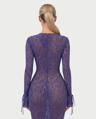 Vestido largo de malla de leopardo con escote en V drapeado de NALYA