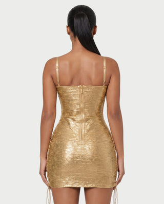 ZAKIYA Lace-Up Side Square-Neck Metallic Mini Dress
