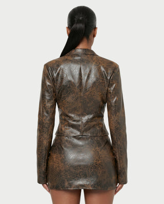 LEONIE Faux Crackle-Texture Cropped Jacket & Mini Skirt Set