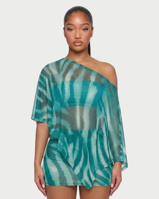 OVALINE Sheer Zebra Print One-Shoulder Top & Mini Skirt Set