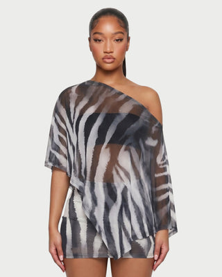 OVALINE Sheer Zebra Print One-Shoulder Top & Mini Skirt Set
