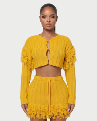 FLORINE Knit Fringe Cardigan & Skirt Set