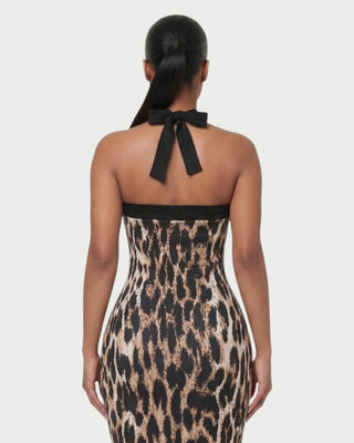 EVONE Leopard Print Bodycon Halter Midi Dress