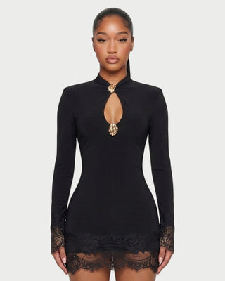 BERNA Gold-Detail Keyhole Lace-Trim Mini Dress
