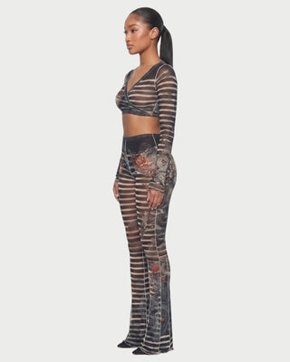 Conjunto de top y pantalón de manga larga con estampado de rayas de malla LAILA