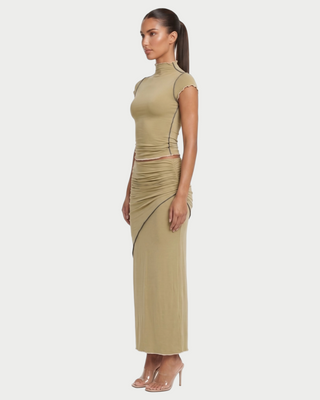 LUVENA Contrast Trim Ruched Two-Piece Maxi Skirt Set