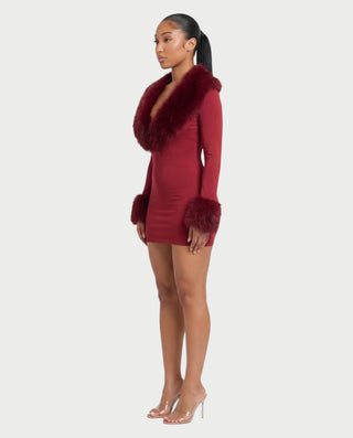 NANIA Faux Fur Trim Long Sleeve Bodycon Mini Dress