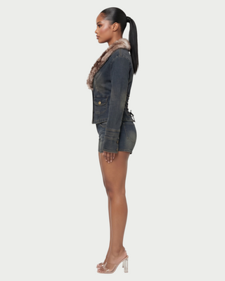 ILLIANA Faux Fur Collar Lace-Up Back Denim Jacket