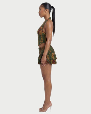 SAVIERA Halter Corset Top & Ruched Ruffle Mini Skirt Set