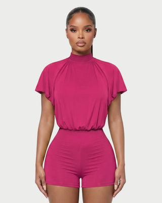 BERNICE Mock Neck Cape Sleeve Open-Back Romper