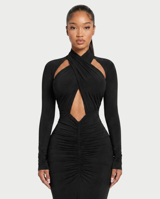 AVILINA Cross-Halter Ruched Bodycon Maxi Dress