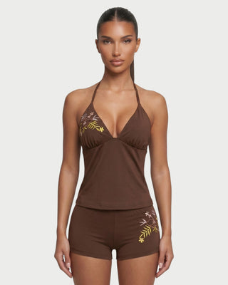 LEINE Embroidered Floral Halter Top & Shorts Set