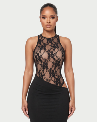 CALSY Sheer Lace Bodice Asymmetric Maxi Dress