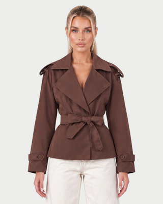 LURIA Wide Lapel Belted Short Trench Coat