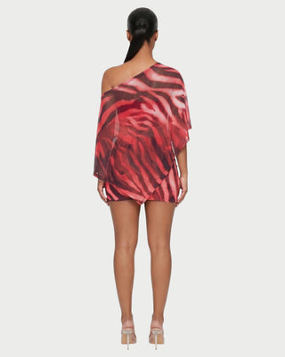 OVALINE Sheer Zebra Print One-Shoulder Top & Mini Skirt Set