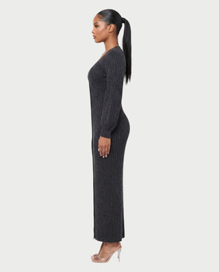 KIVA V-Neck Ribbed Knit Balloon Sleeve Maxi Dress