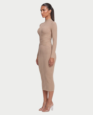 MEDDA Mock Neck Long Sleeve Ribbed Bodycon Wrap Midi Dress