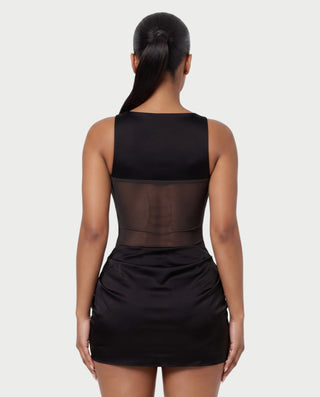 AVIGAIL Cowl Neck Sheer Mesh Draped Satin Mini Dress
