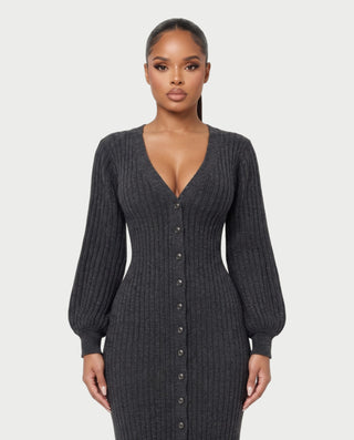 KIVA V-Neck Ribbed Knit Balloon Sleeve Maxi Dress