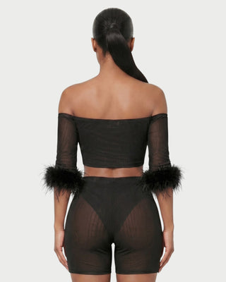 RAMIRA Faux Feather Trim Mesh Top & Shorts Set