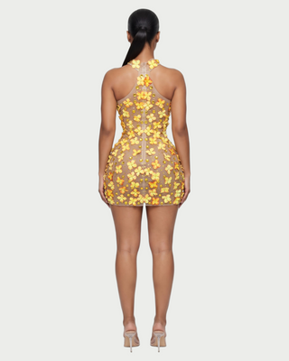 ZARIA Floral Appliqué Rhinestone Halter Mini Dress