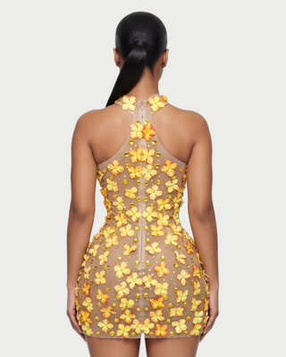 ZARIA Floral Appliqué Rhinestone Halter Mini Dress
